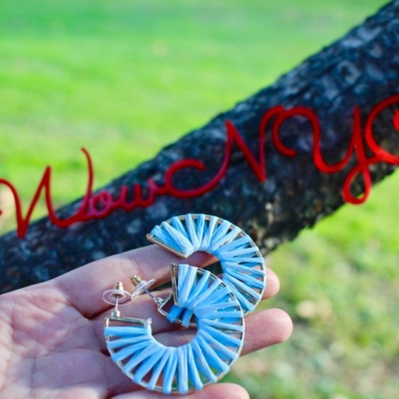 ANTHRO x BaubleBar Blue Gold Raffia Hoop Earrings - Picture 1 of 10